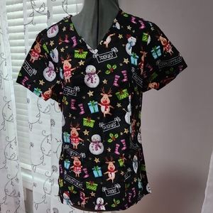 Scrubstar Merry Christmas Medical/ Dental/ Vet SCRUB TOP Medium Deer Snowman